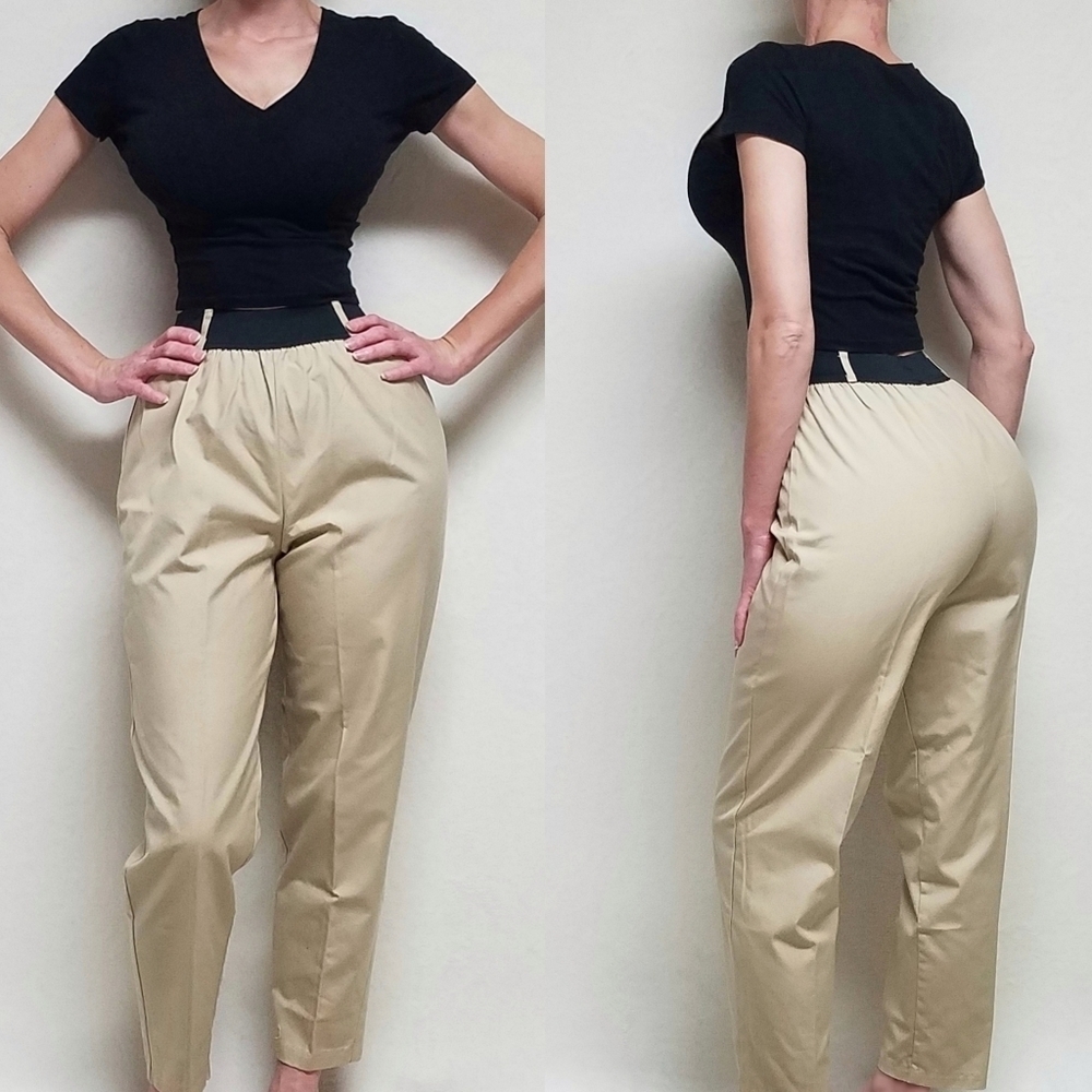 Double Take Admit One Vintage 70s High Rise Elastic Waist Beige Tapered Pants 12